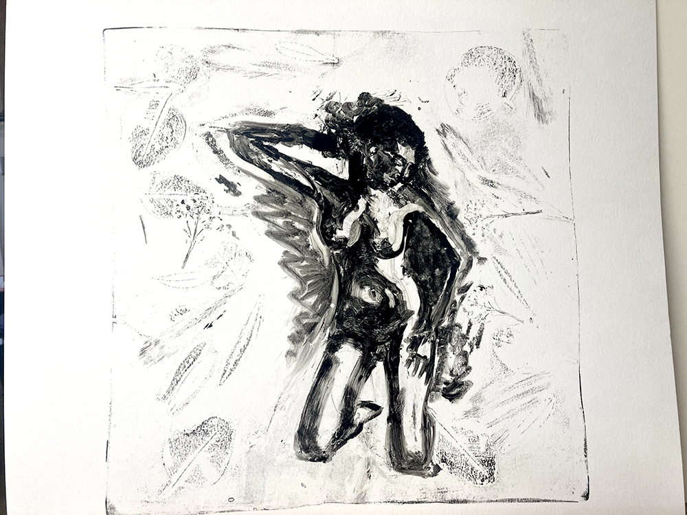 This is a nude figure in ink botanical monotype 